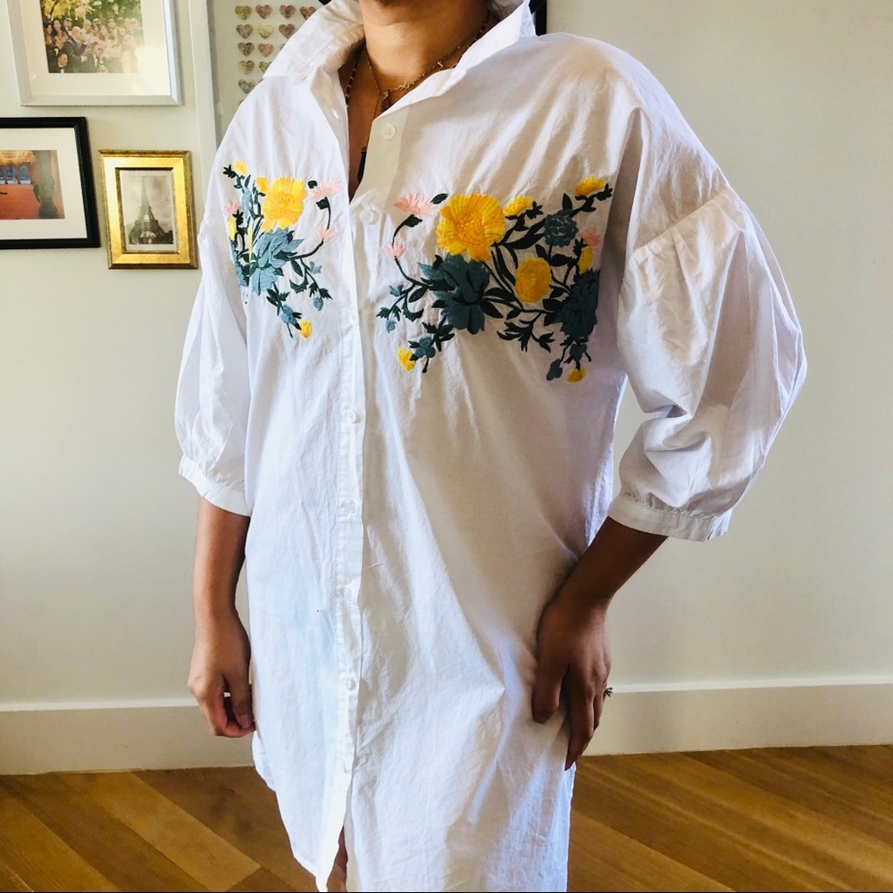 White Button Down Shirt Dress w Floral Embroidery - Picture 6 of 6